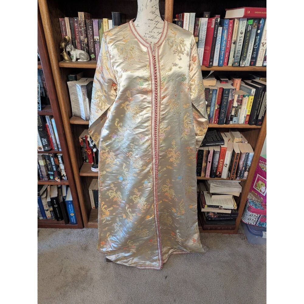 Moroccan Vintage Caftan in Gold Metallic Brocade, Maxi Gown Dress Kaftan L/XL
